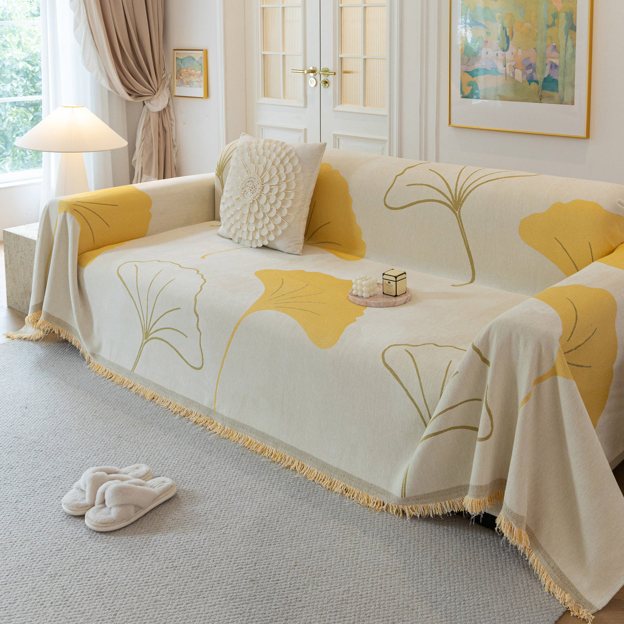 Cozy Couch Throw Blanket with Tassels, Jacquard Leaf Pattern Furniture Protector