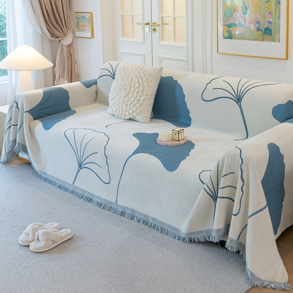 Cozy Couch Throw Blanket with Tassels, Jacquard Leaf Pattern Furniture Protector