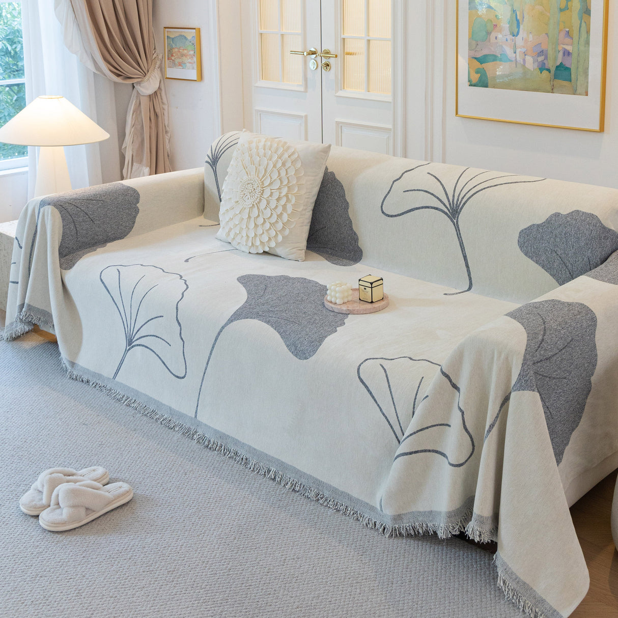 Cozy Couch Throw Blanket with Tassels, Jacquard Leaf Pattern Furniture Protector