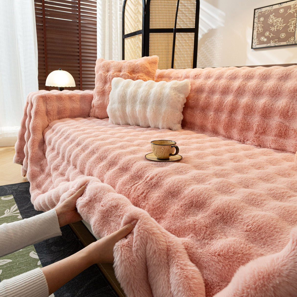 Thick Faux Fur Sofa Cover Fluffy Plush Warm Sofa Slipcover Furniture Protector for Couch Bed