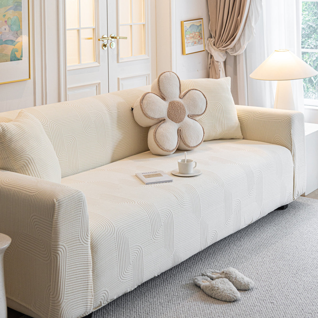 Modern Slipcovers Geometric Textured Stretchable Sofa Cover for Couch with Chaise