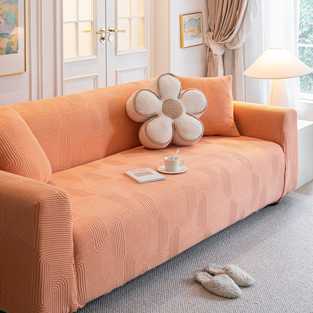 Modern Slipcovers Geometric Textured Stretchable Sofa Cover for Couch with Chaise