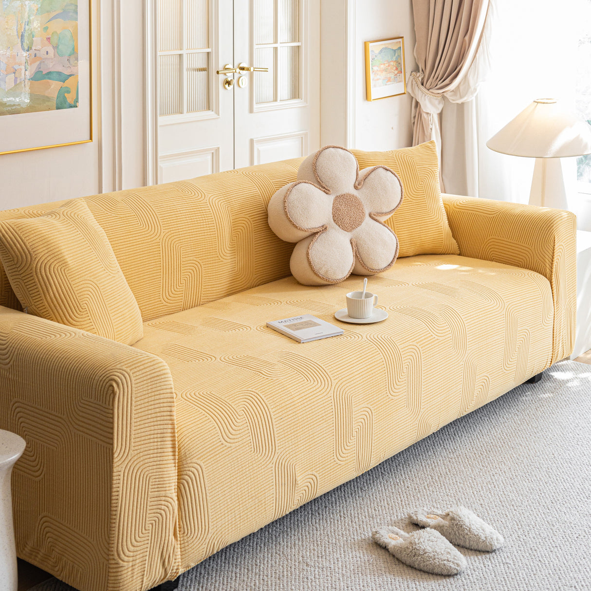 Modern Slipcovers Geometric Textured Stretchable Sofa Cover for Couch with Chaise