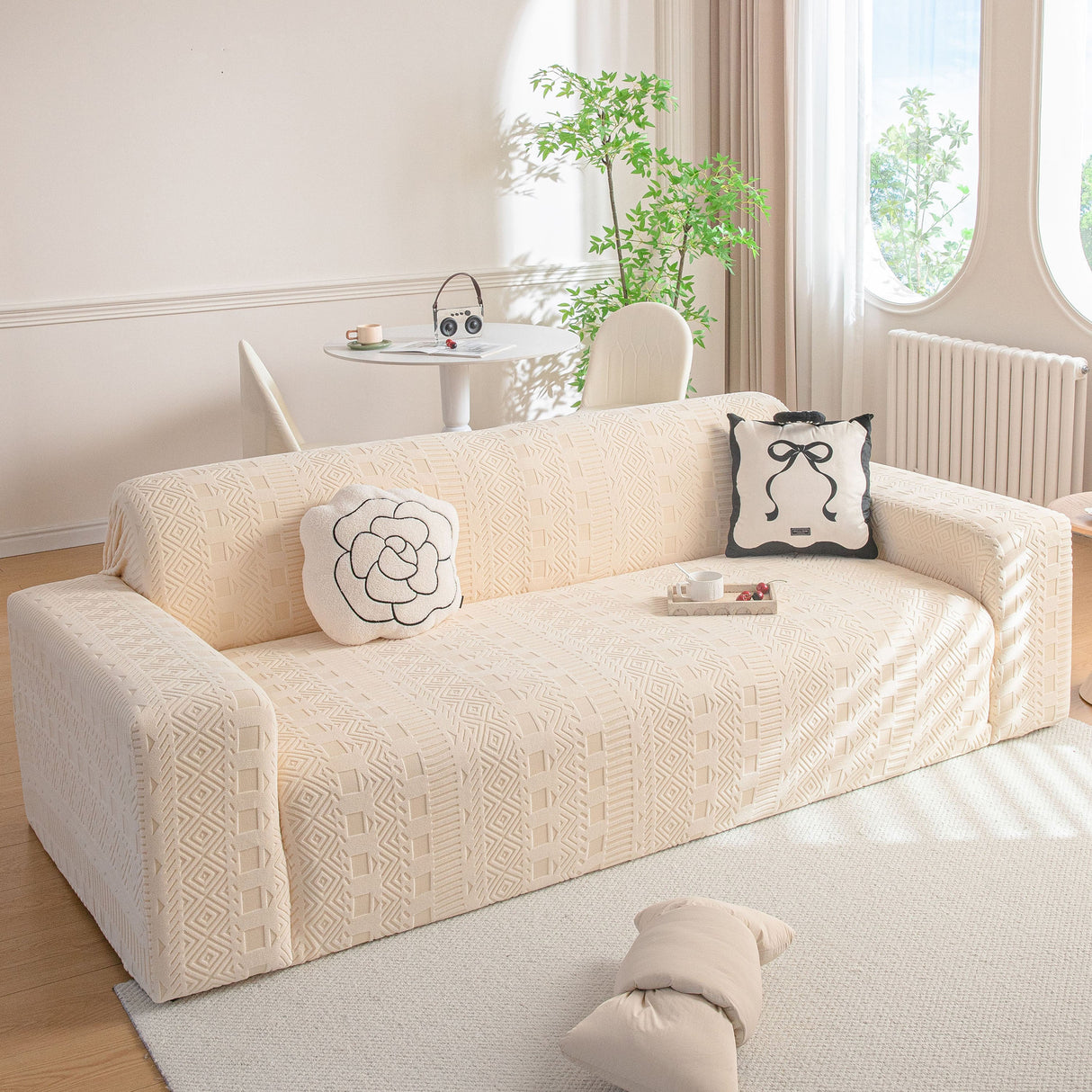 High Stretch Embossed Geometric Slipcover for Couch, Cozy Plush Fleece Couch Cover