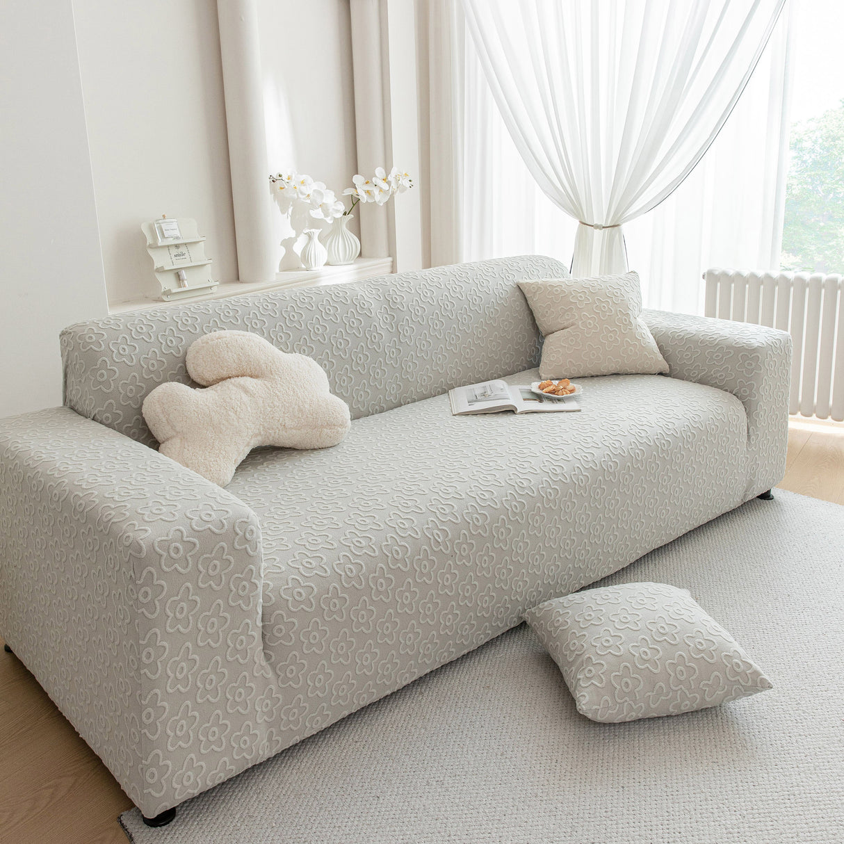 High Stretch Jacquard Sofa Slipcover, Soft Spandex Textured Floral Couch Cover