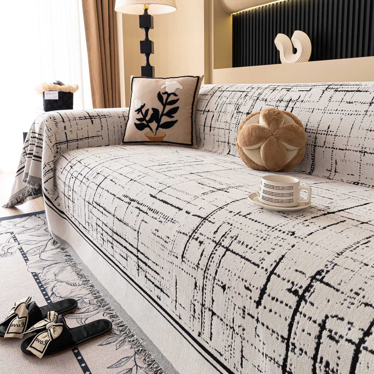 Modern Couch Protector Blanket Woven Chenille Sofa Cover Throw with Artistic Grid