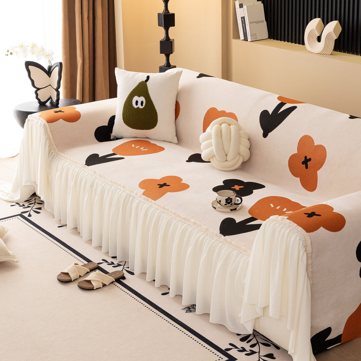 Retro Floral Sofa Cover with Sheer Ruffle Skirt, Decorative Sofa Protector Cover