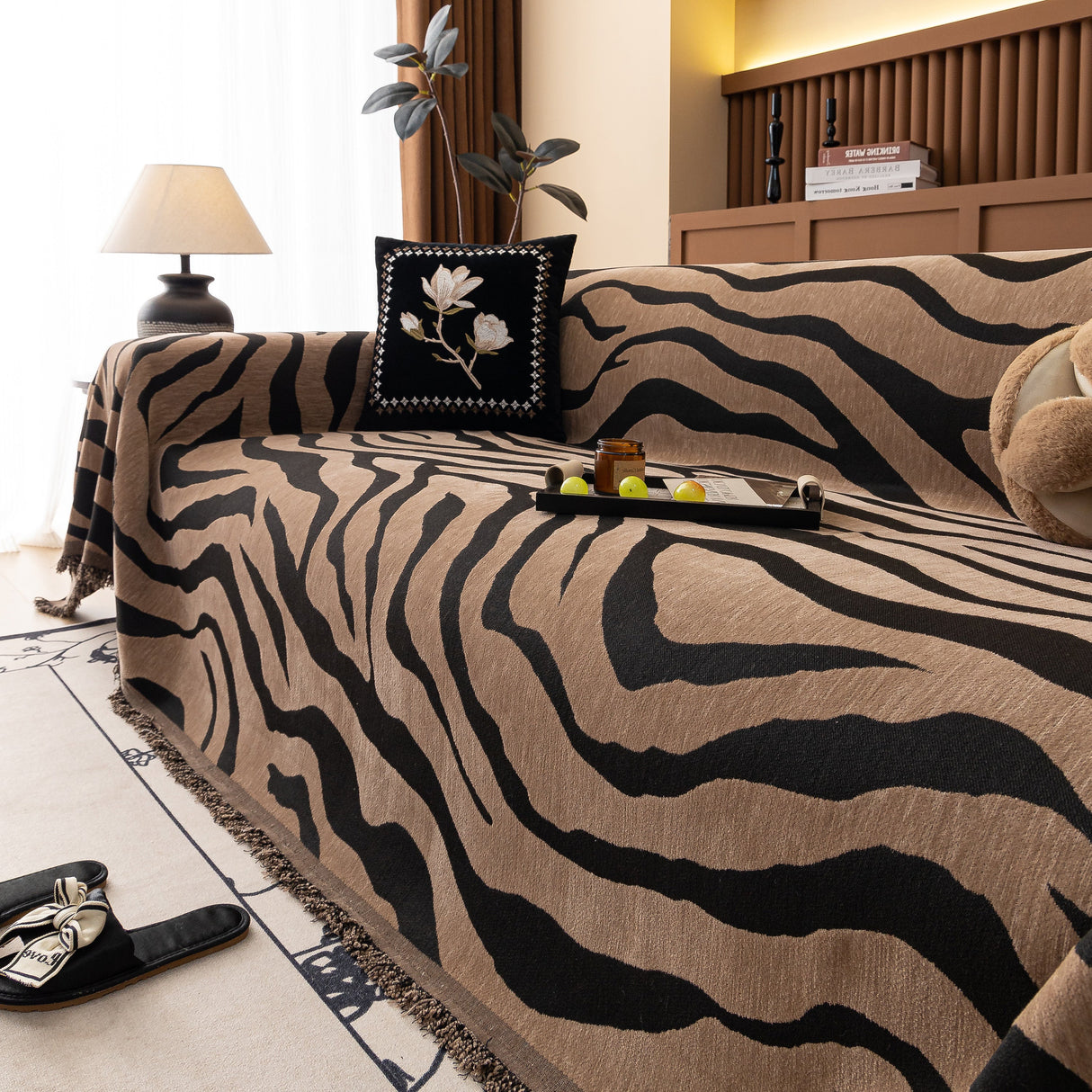 Zebra Striped Chenille Throw Sofa Cover Full-Cover Decorative Furniture Slipcover