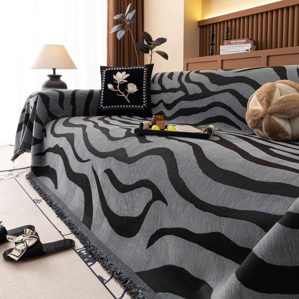 Zebra Striped Chenille Throw Sofa Cover Full-Cover Decorative Furniture Slipcover