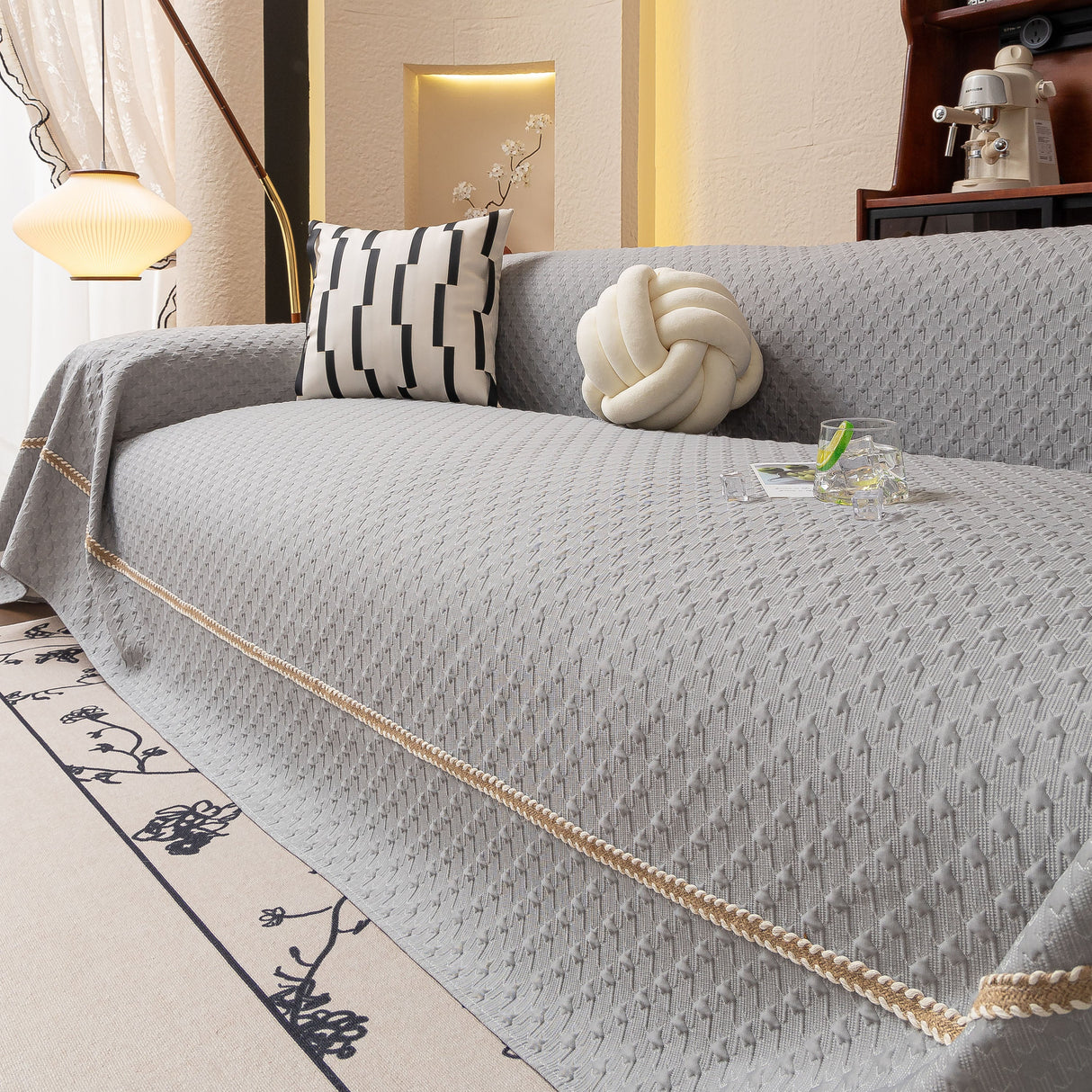 Jacquard Ice Silk Sofa Throw Cover with Gold Trim, Summer Cooling Couch Slipcover