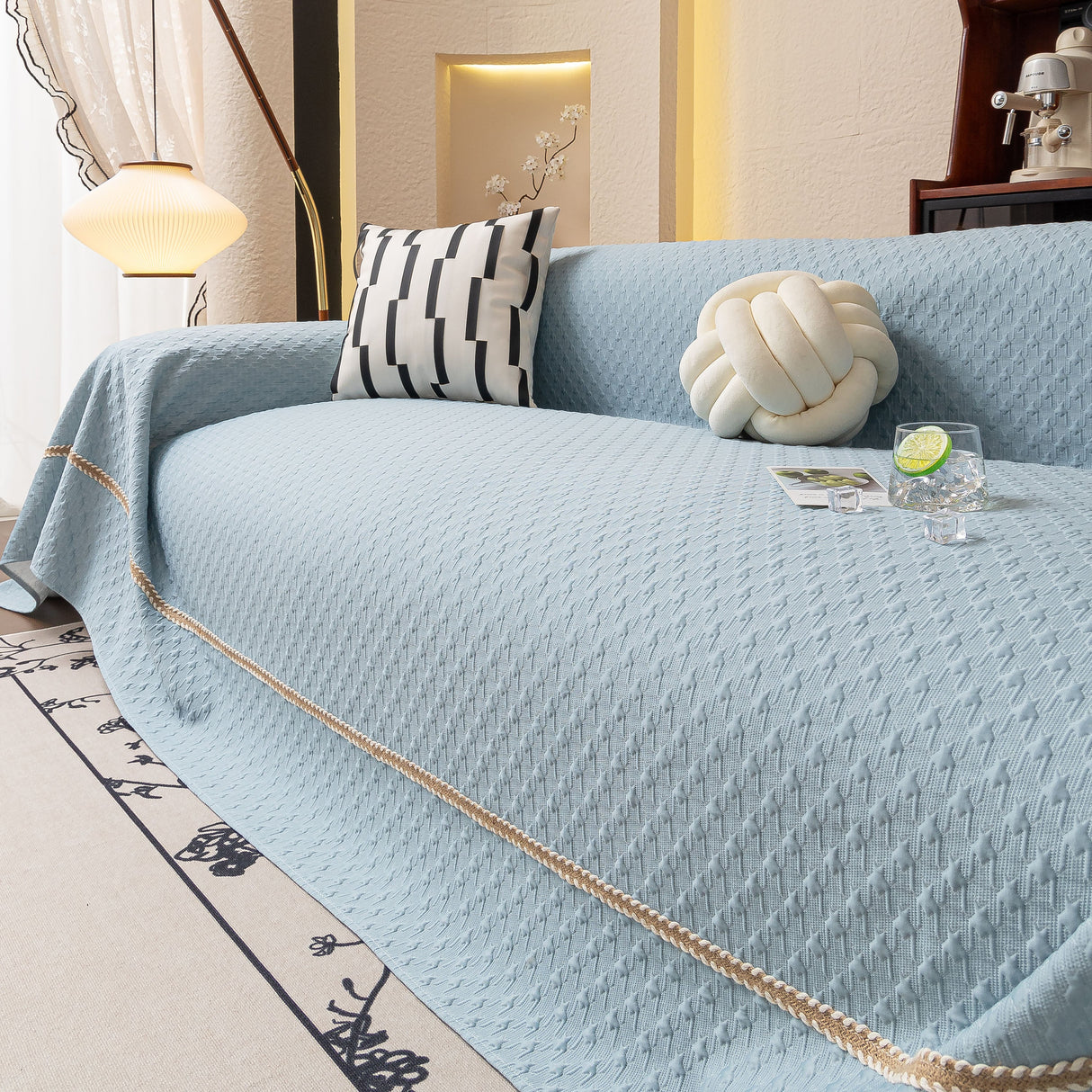 Jacquard Ice Silk Sofa Throw Cover with Gold Trim, Summer Cooling Couch Slipcover