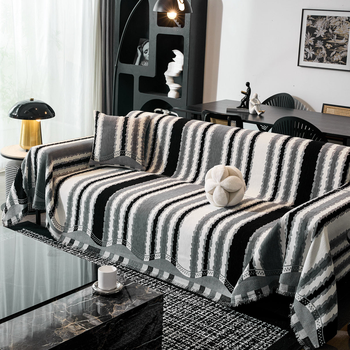 Striped Chenille Sofa Throw Covers, Boho Style Cozy Couch Protector Blanket