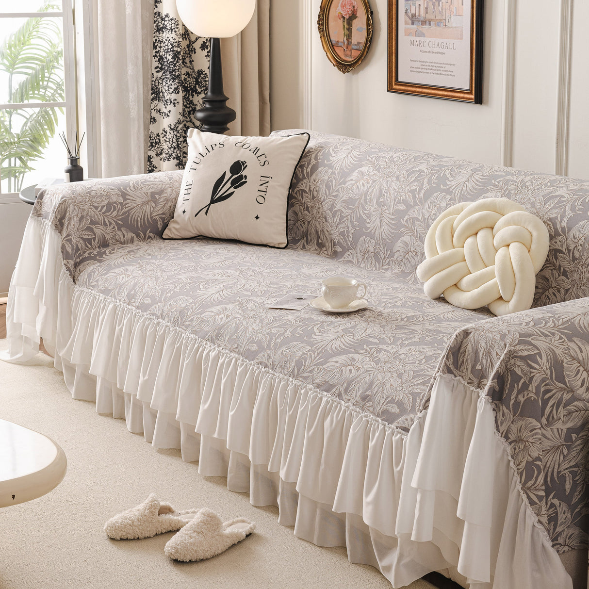 French Chic Style Ruffle Floral Cover Throws for Sofas, Decorative Couch Covers