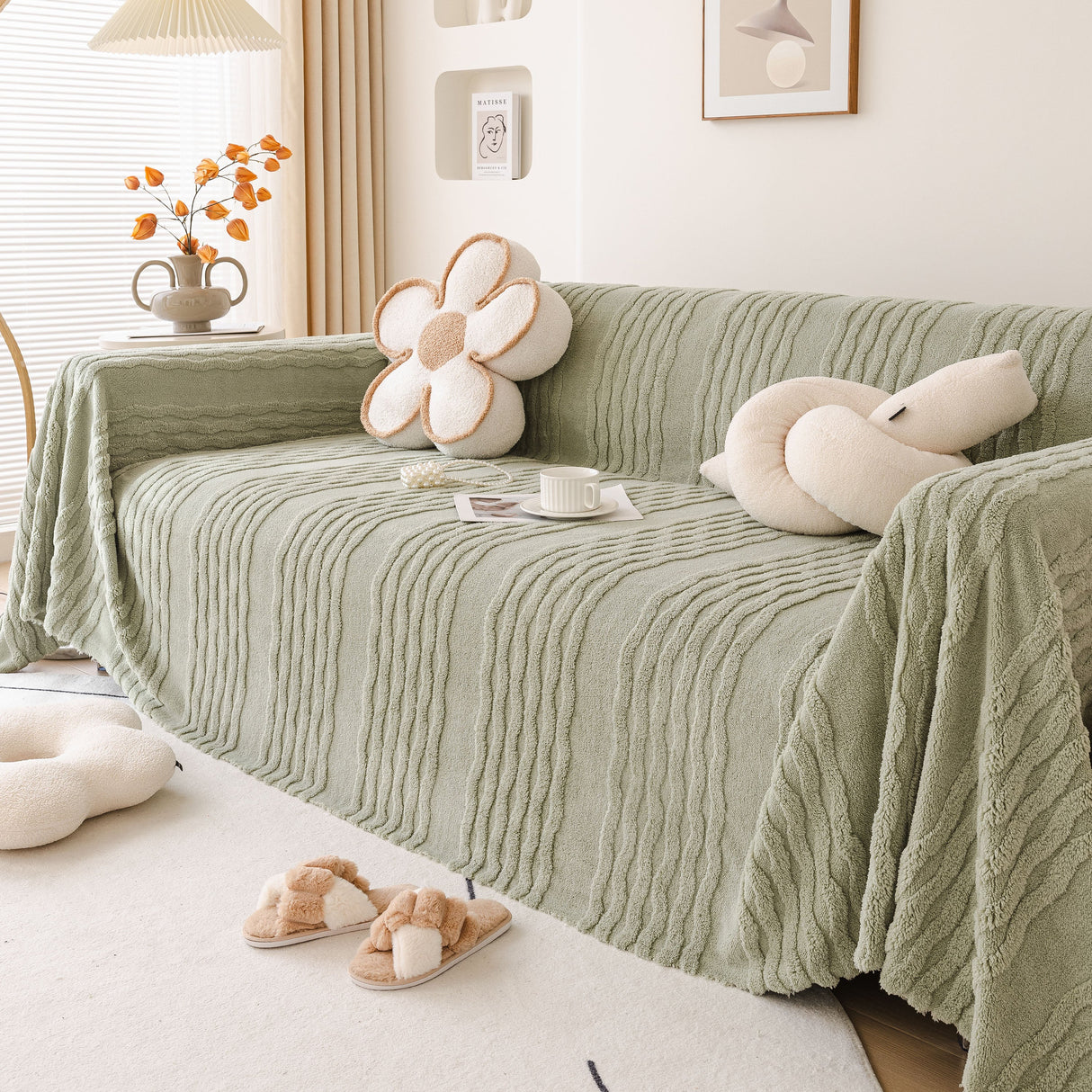 Modern 3D Water Ripple Sofa Cover, Non-Shedding Cream Style Furniture Protector Throw