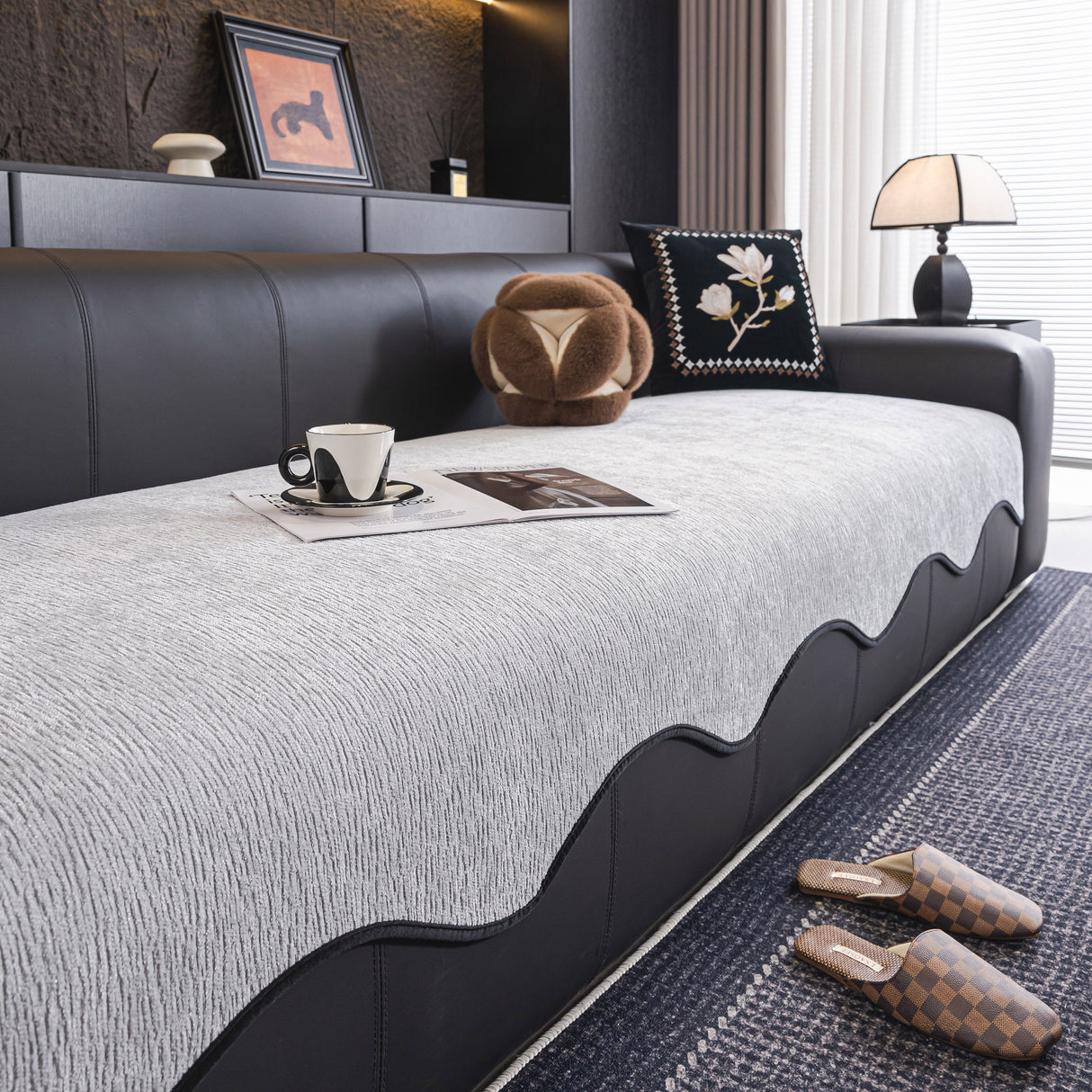 Chenille Couch Cover with Scalloped Edge, Non-Slip Modular Slipcover Sectional