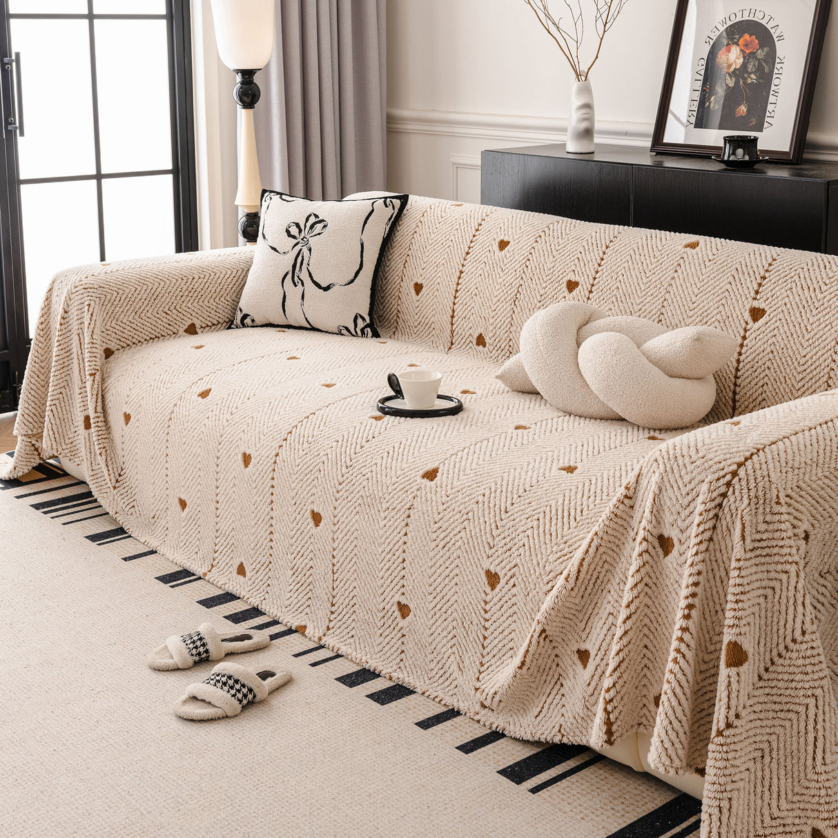 Thick Plush Sofa Cover Throw for Couch, 3D Textured Herringbone Washable Slipcover
