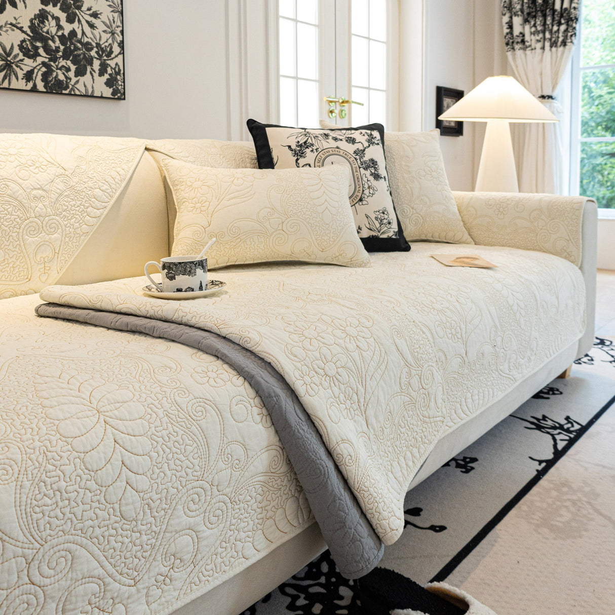 Baroque Floral Quilted Cotton Sofa Cover, Non-Slip Washable Couch Protector