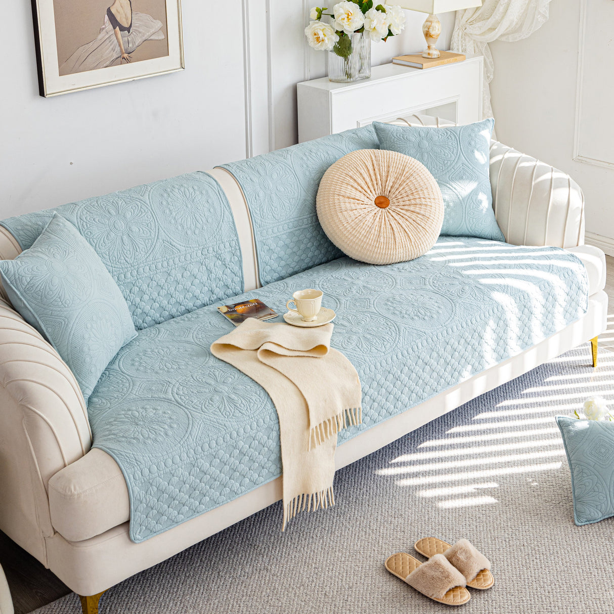 Cotton Quilted Sofa Cover, Non-Slip Couch Protector Fits Backrest, Seat & Armrest