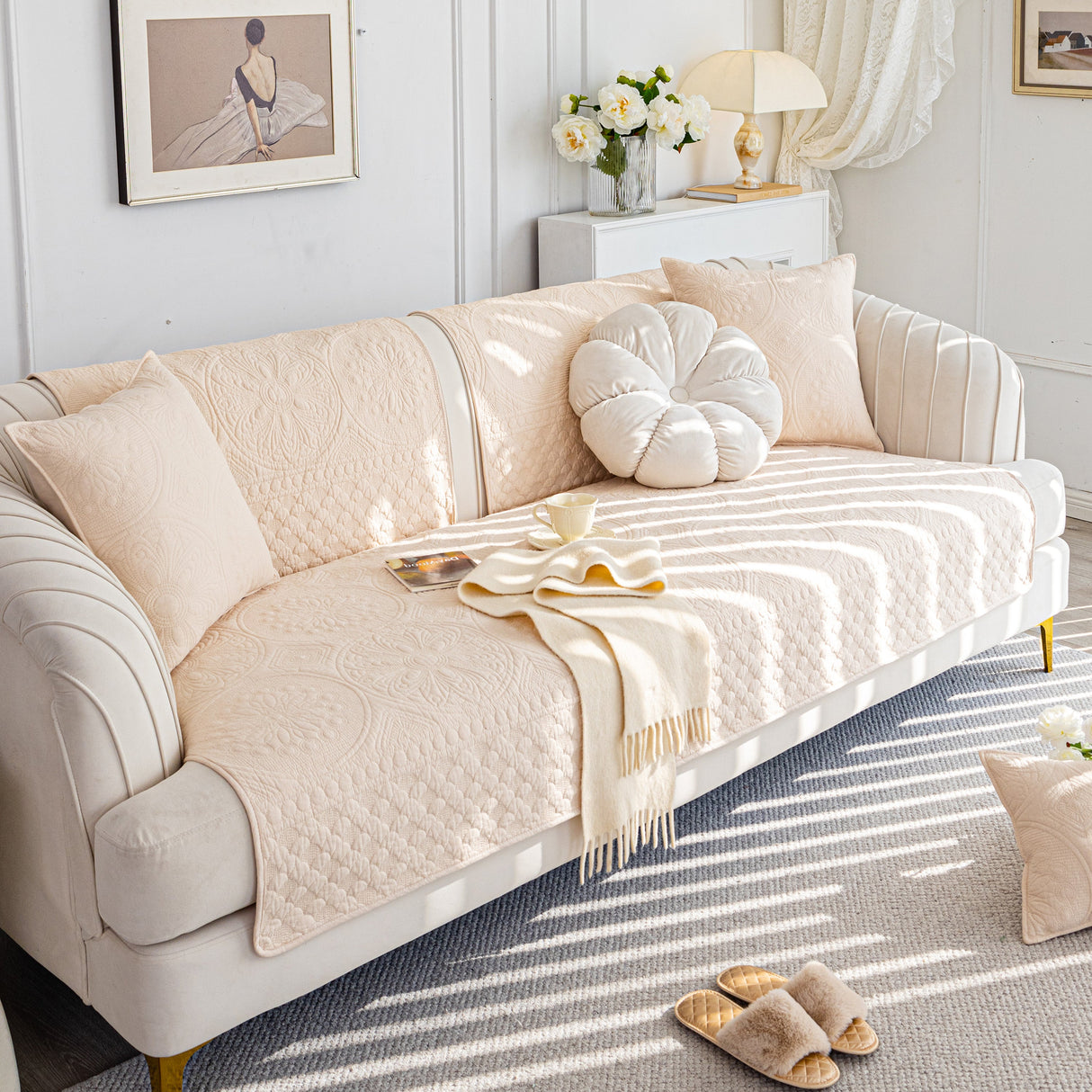 Cotton Quilted Sofa Cover, Non-Slip Couch Protector Fits Backrest, Seat & Armrest