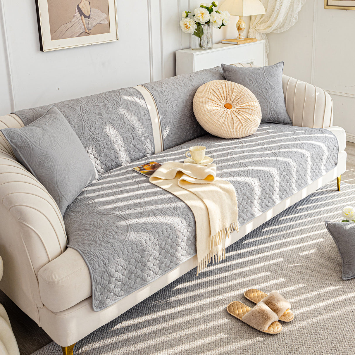 Cotton Quilted Sofa Cover, Non-Slip Couch Protector Fits Backrest, Seat & Armrest
