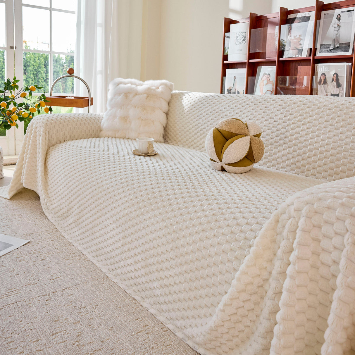 Thick Plush Non-Slip Sofa Throw Cover, Warm Soft Faux Fur Couch Protector for Winter