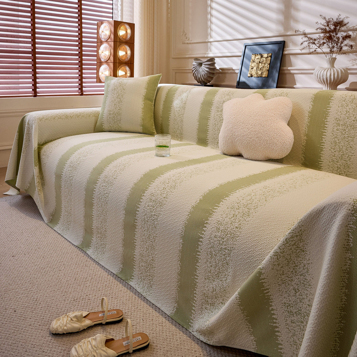 Modern Striped Couch Protector Blanket, Furniture Slipcover for L Shaped Sectionals