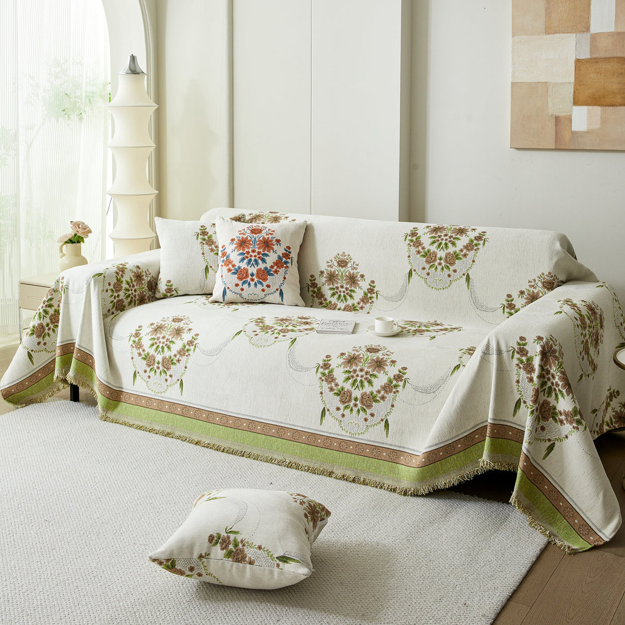 Charming French Country Floral Basket Sofa Throw Cover Rustic Farmhouse-Style Couch Cover Blankets