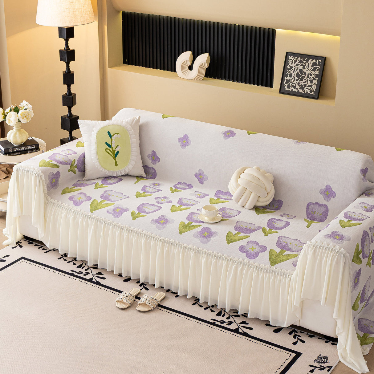 Ruffled Sweet Floral Sofa Cover with Skirt, Soft and Decorative Couch Throw Cover