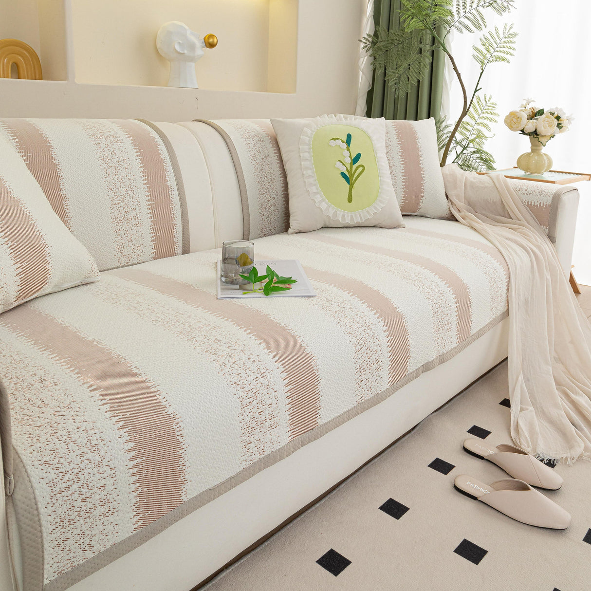 Striped Non-Slip Cooling Couch Cover, Summer Couch Pads for Seat Back Armrest
