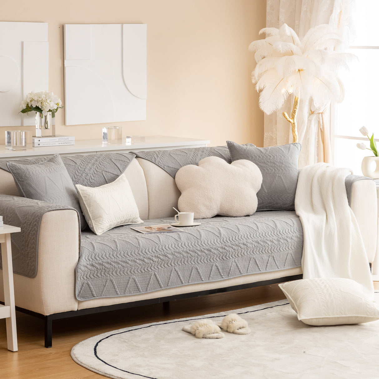 Geometric Textured Cotton Quilted Sofa Cover, Non-Slip Washable Couch Protector