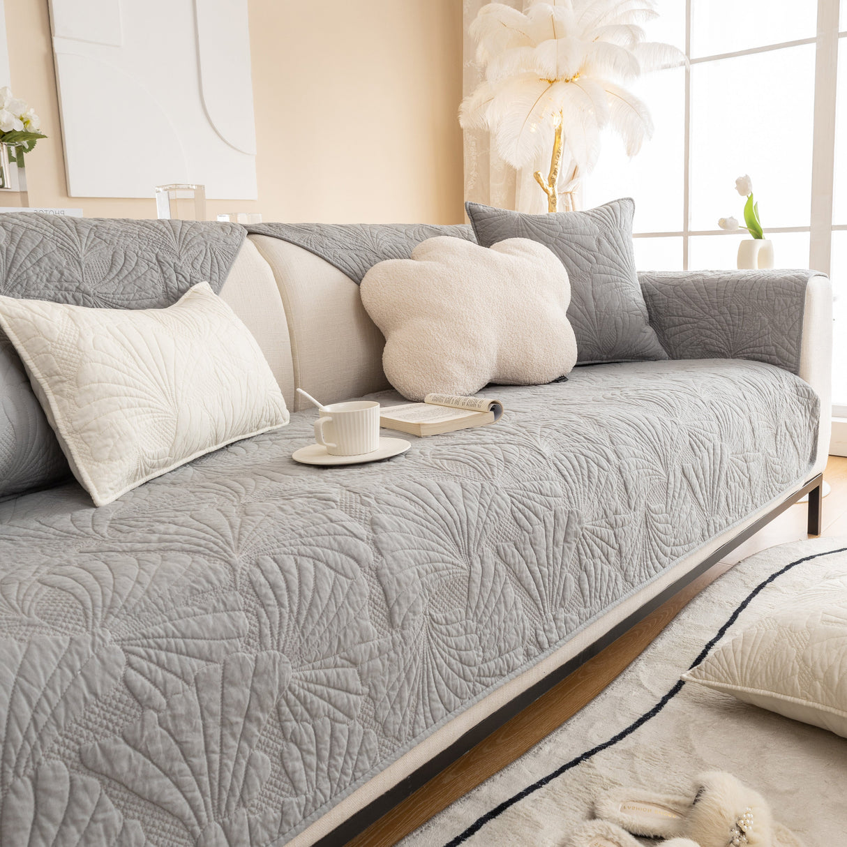 Embossed Leaf Cotton Quilted Sofa Cover Non-Slip Couch Protector with Thick Padding
