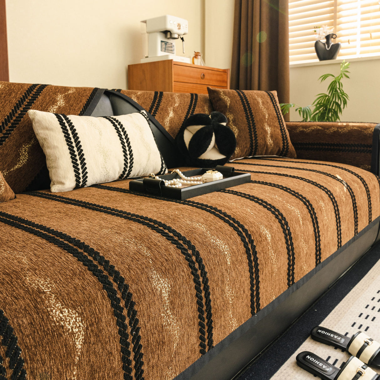 Non-Slip Sofa Cover with Thick Chenille Texture Woven Stripe Couch Protector Throw