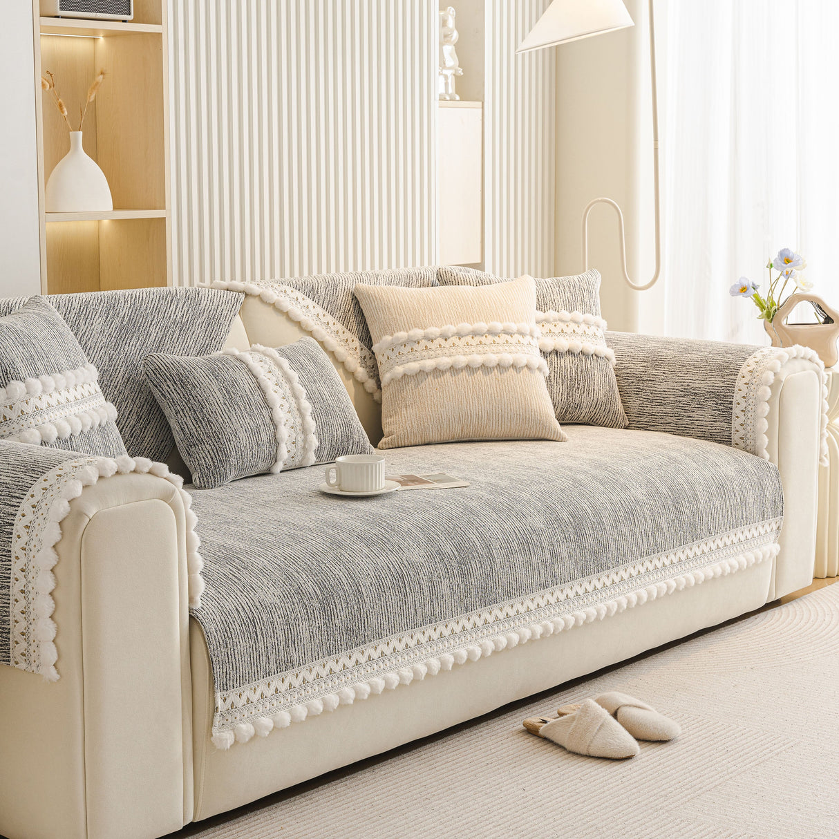 Soft Chenille Sectional Sofa Cover with Pom Pom Trim – Non-Slip Couch Protector