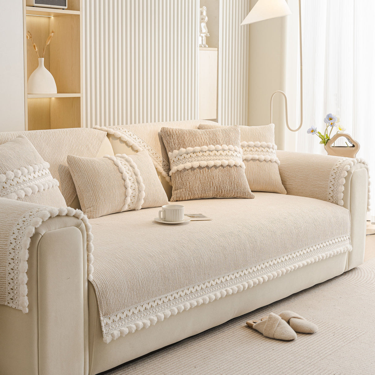 Soft Chenille Sectional Sofa Cover with Pom Pom Trim – Non-Slip Couch Protector