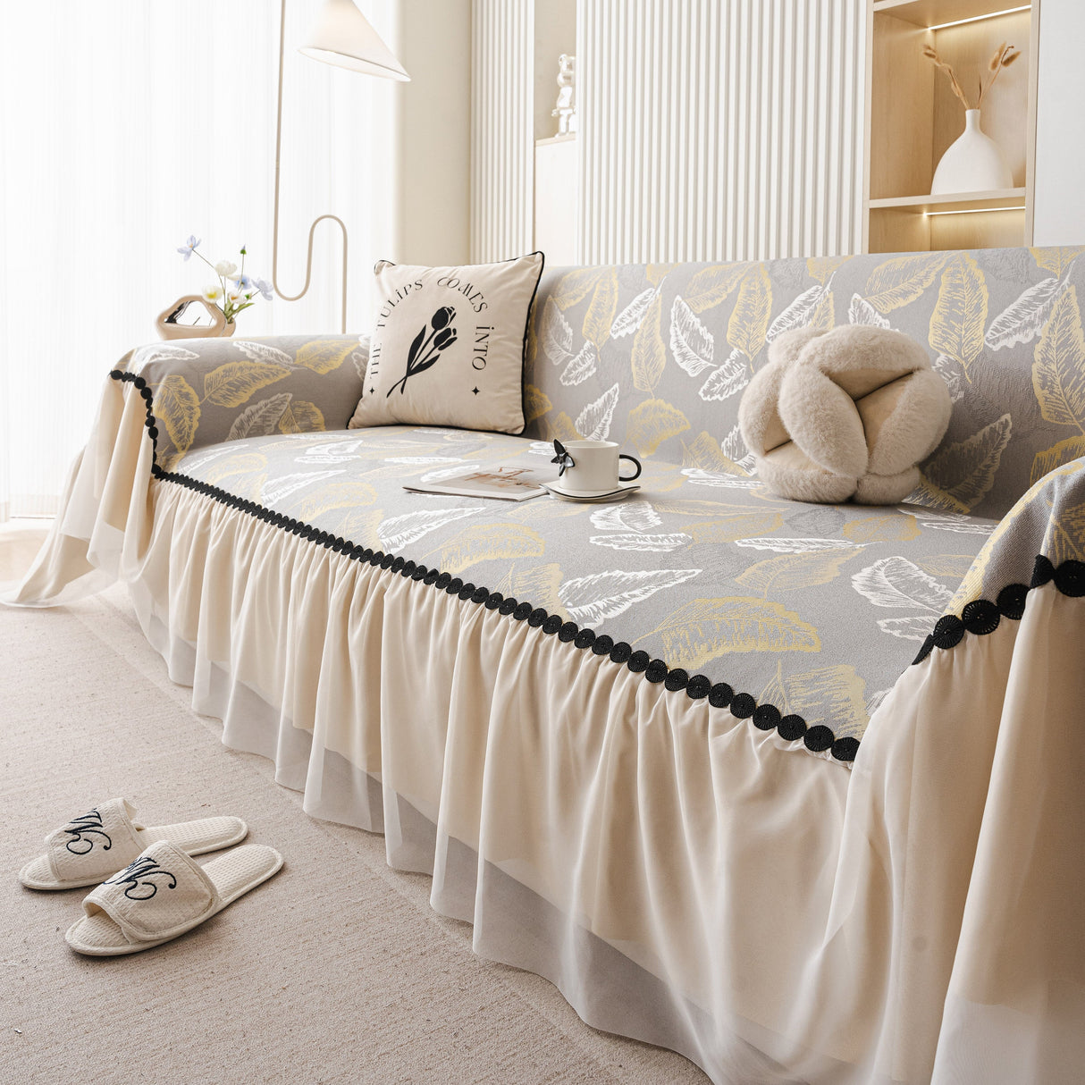 Leaf Jacquard Sofa Cover with Ruffle Skirt – Non-Slip Couch Protector with Sheer Hem