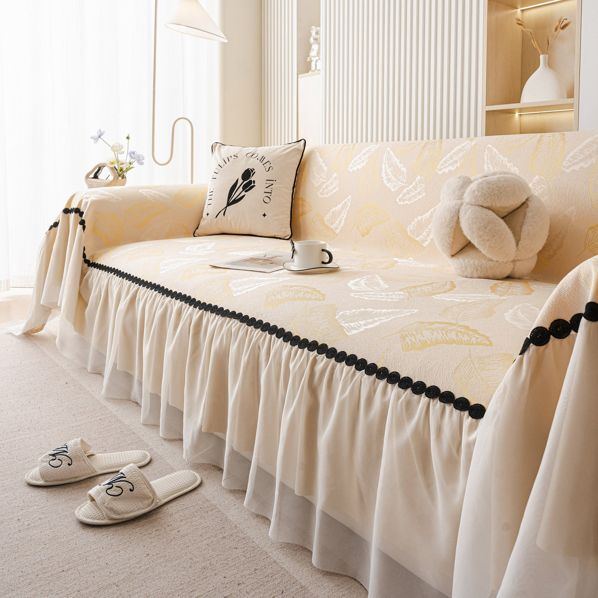 Leaf Jacquard Sofa Cover with Ruffle Skirt – Non-Slip Couch Protector with Sheer Hem