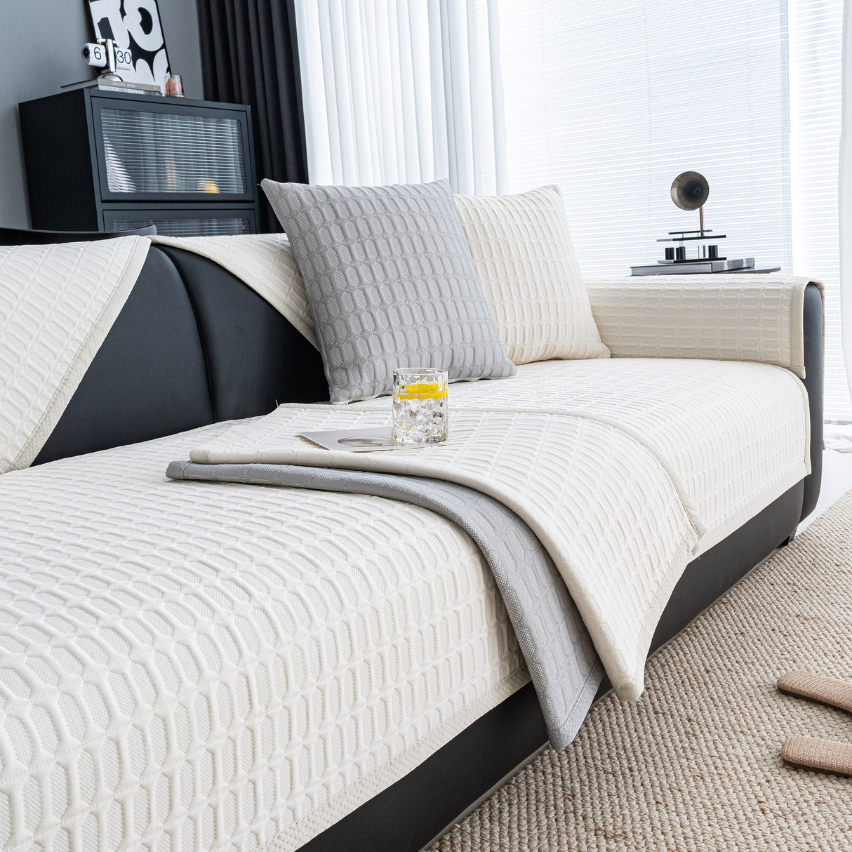 Geometric Textured Couch Slipcover Protector Non-Slip Ice Silk Sofa Cover for Couch