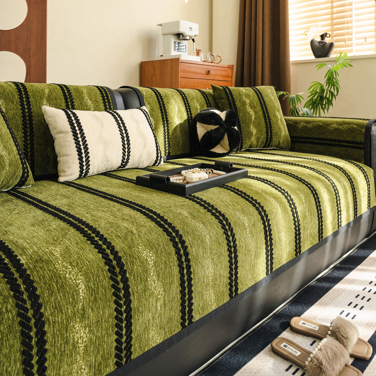 Non-Slip Sofa Cover with Thick Chenille Texture Woven Stripe Couch Protector Throw