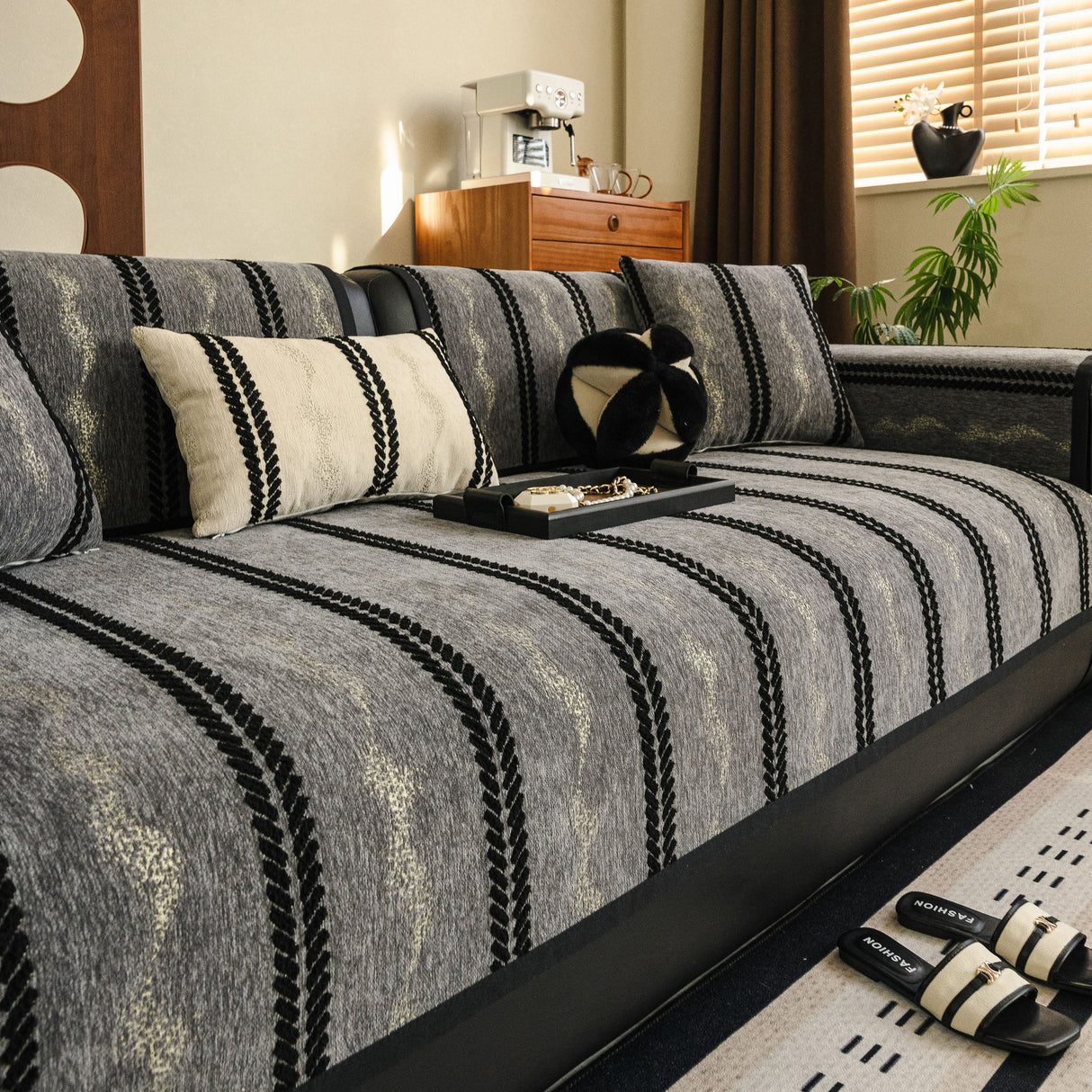 Non-Slip Sofa Cover with Thick Chenille Texture Woven Stripe Couch Protector Throw