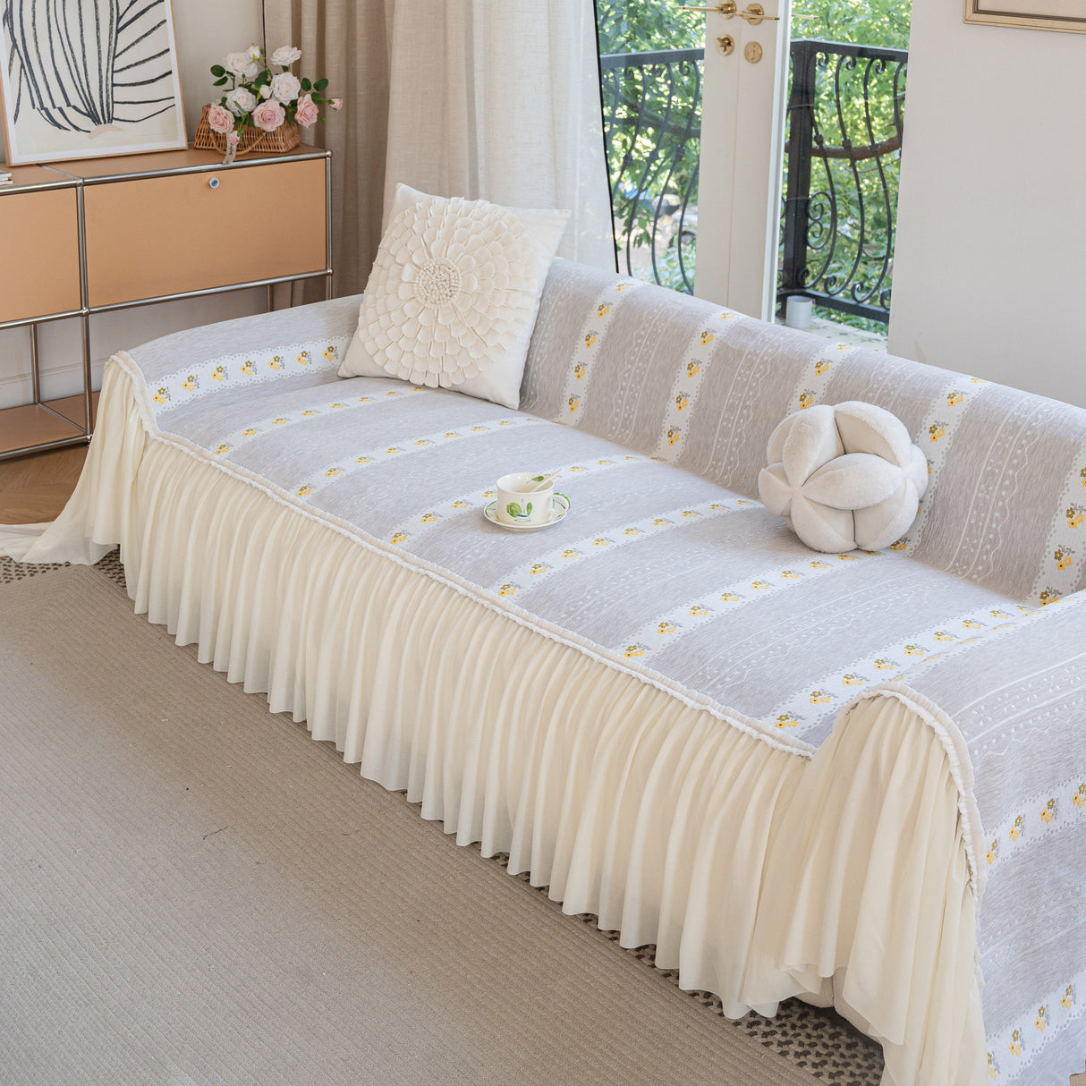 Daisy Striped Sofa Cover with Sheer Ruffle Skirt, Floral Soft Slipcover Blanket