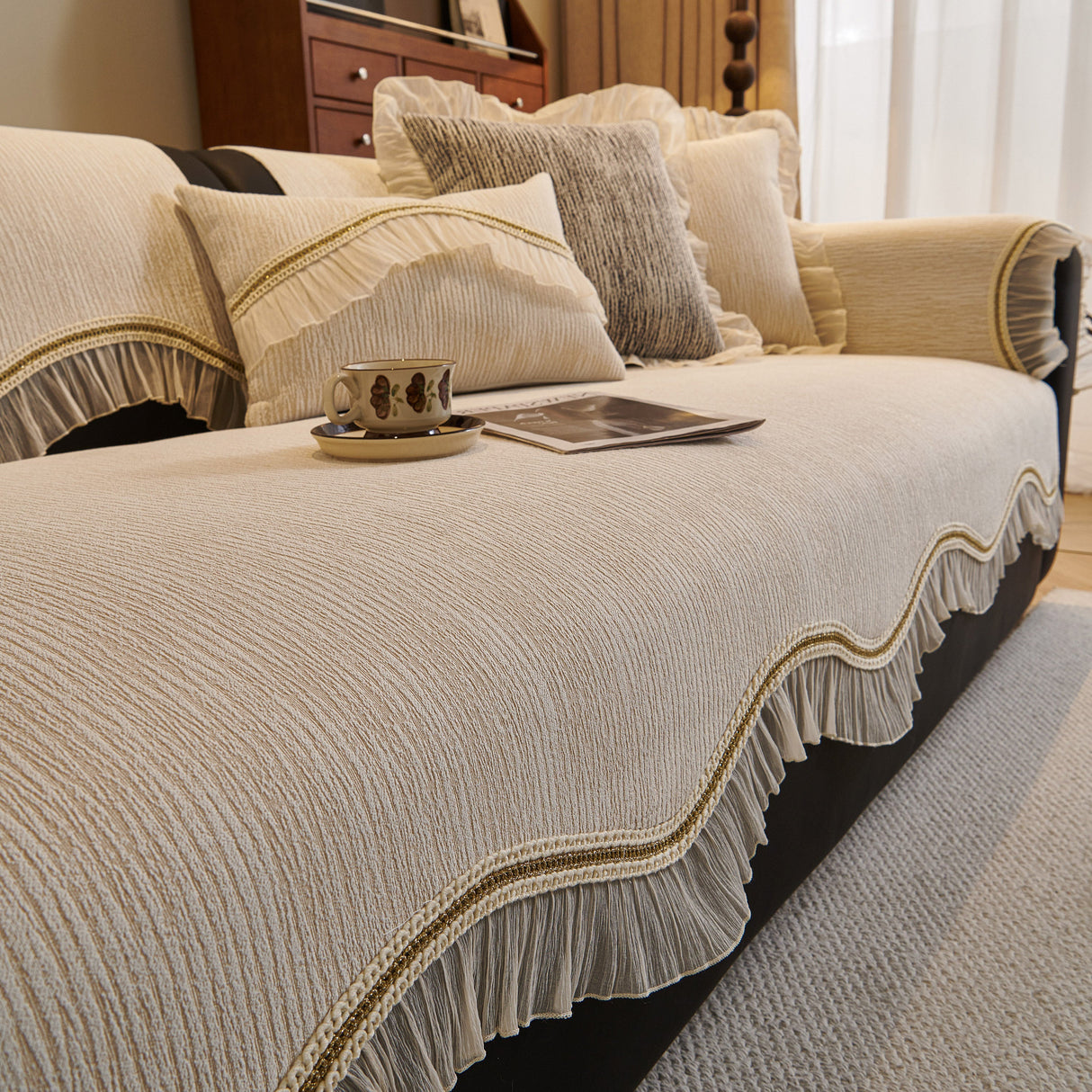 French Vintage Style Couch Cover with Skirt, Non-Slip Sectional Furniture Covers