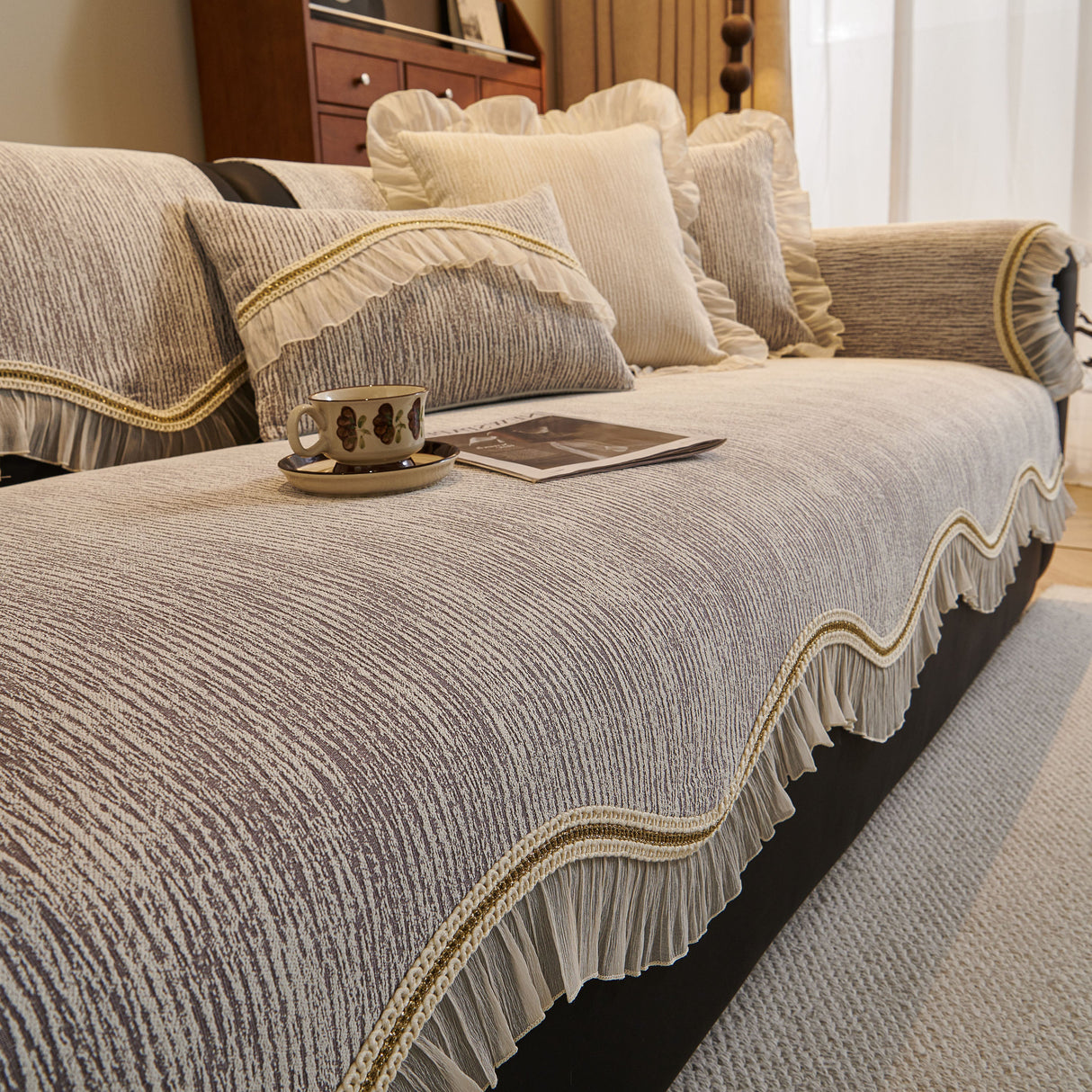 French Vintage Style Couch Cover with Skirt, Non-Slip Sectional Furniture Covers