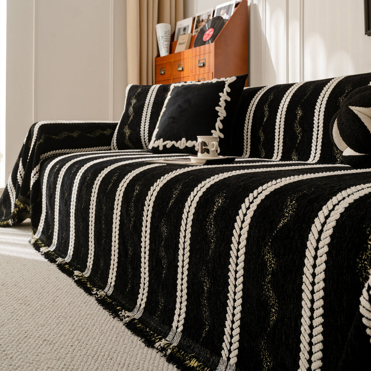 Boho Couch Throw Blanket with Textured Stripes, Sofa Cover for Living Room Decor