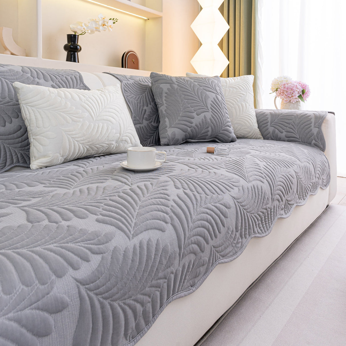 Sofa Cover for Leather & Fabric Couches, 3D Leaf Embossed Quilted Furniture Covers