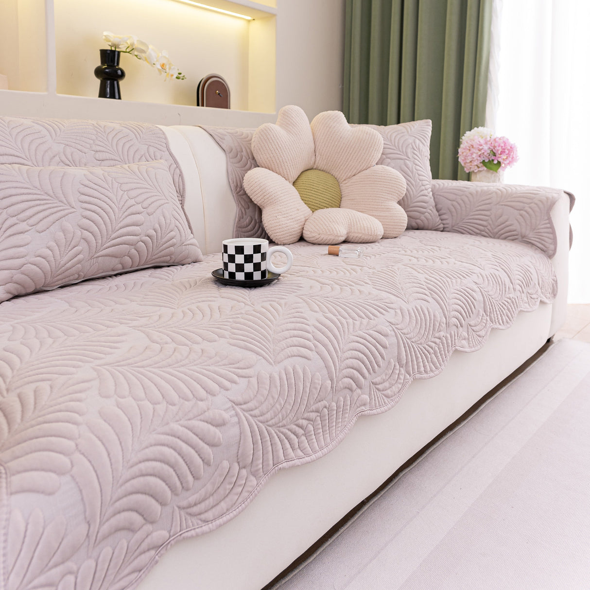 Sofa Cover for Leather & Fabric Couches, 3D Leaf Embossed Quilted Furniture Covers