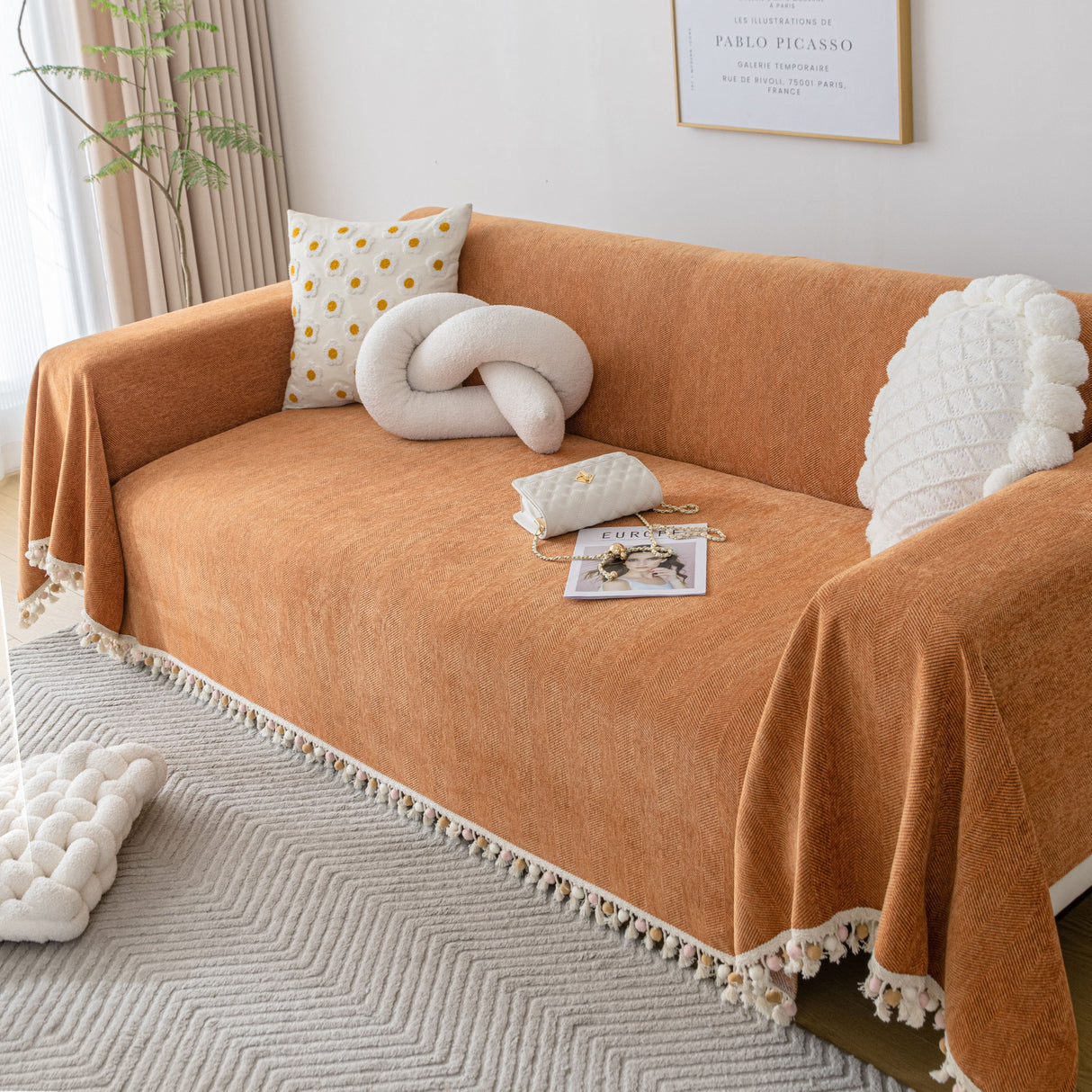 Boho Herringbone Sofa Throw Blanket with Pom Pom Tassels Stylish Furniture Slipcover