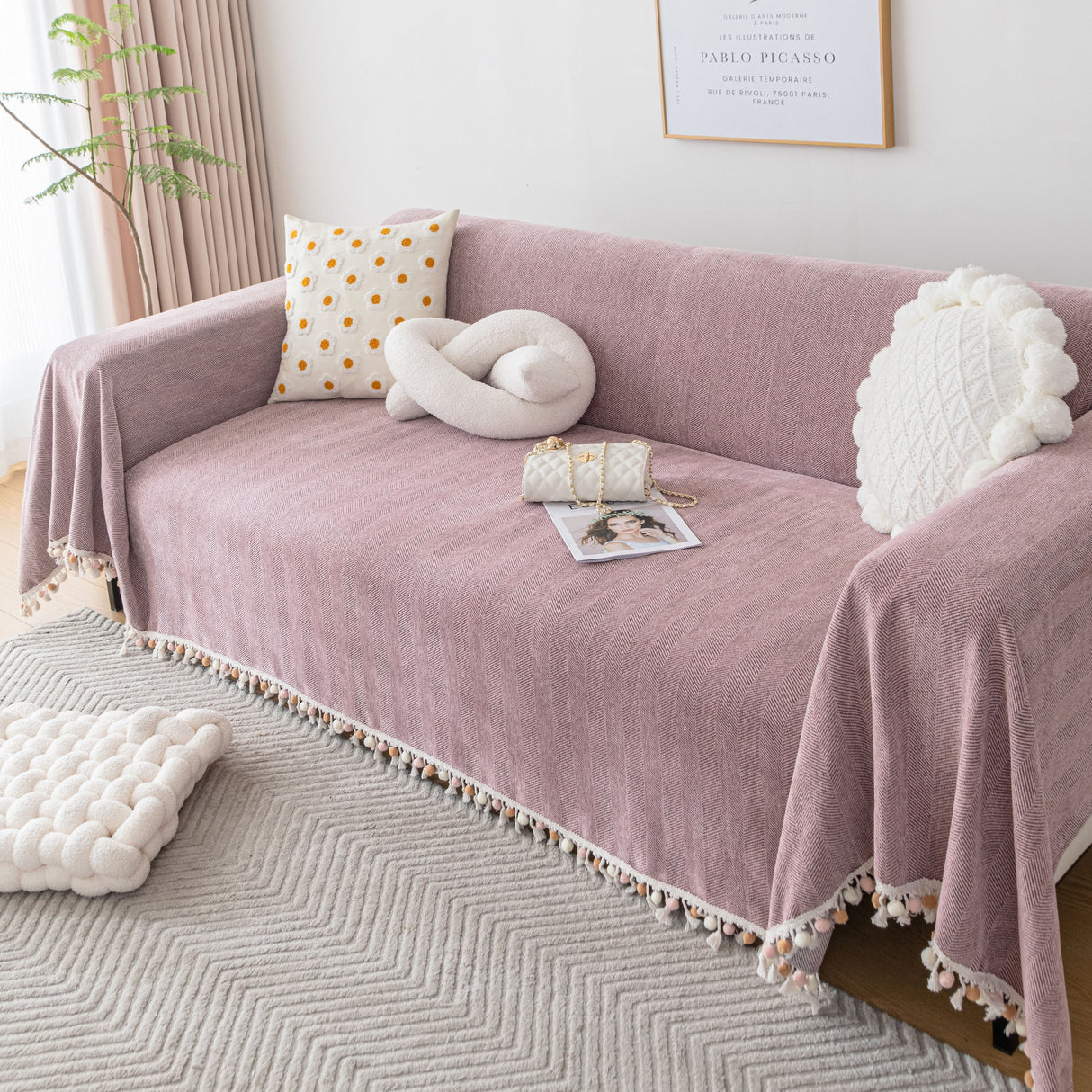 Boho Herringbone Sofa Throw Blanket with Pom Pom Tassels Stylish Furniture Slipcover