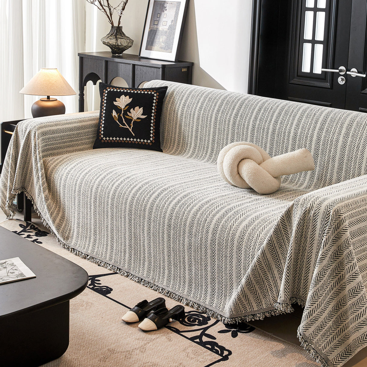 Herringbone Chenille Couch Cover Blanket Soft Durable Throw Sofa Protector with Tassel