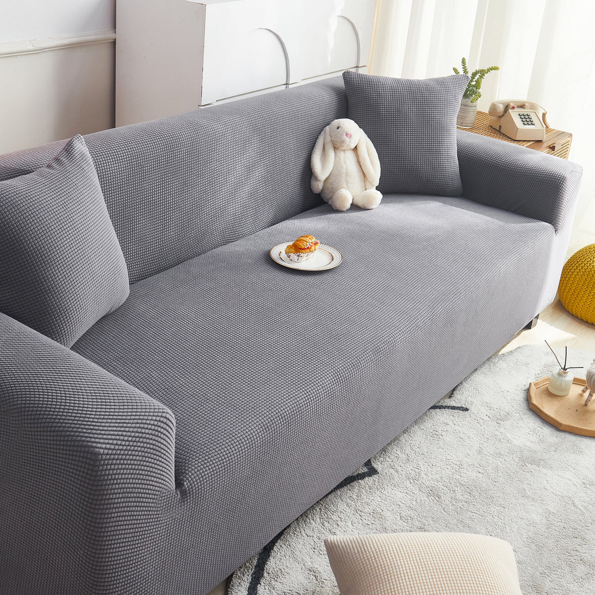 Grid Textured Stretch Sofa Cover, Soft Elastic Slipcover for Couch Protection