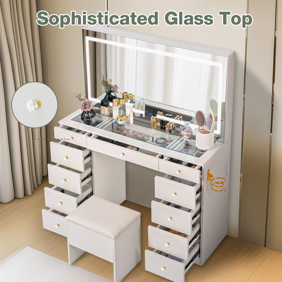 11-Drawer Makeup Vanity Desk with Crystal Knobs